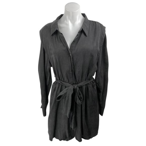 Zara Black Long Sleeve Tie Waist Collared Button Down Mini Shirt Dress Size XL - Picture 1 of 5